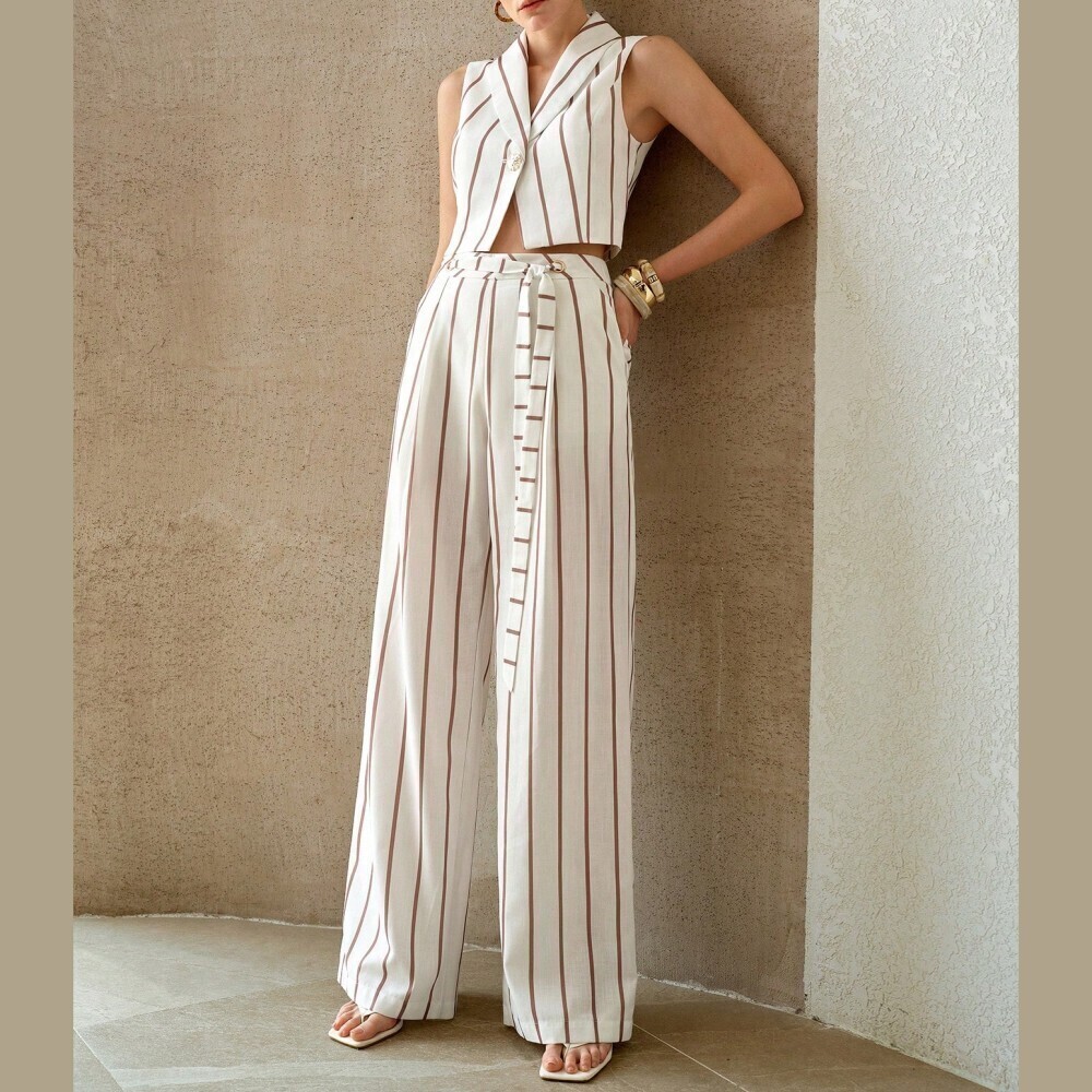 Ivory / Brown Striped Shawl Collar Crop Vest and Wide Leg Pants Pantsuit Set